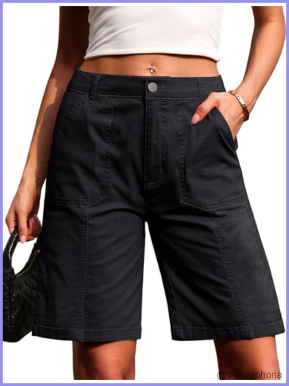 Bermuda Shorts Women Knee Length Denim Stretchy Cotton Jorts Pockets Relaxed